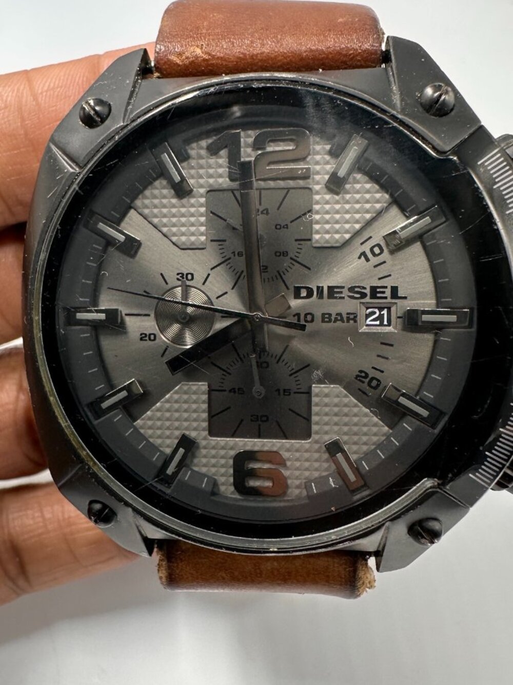 Diesel Overflow Chronograph Watch Mens Black Dial 50MM Brown Band New Battery